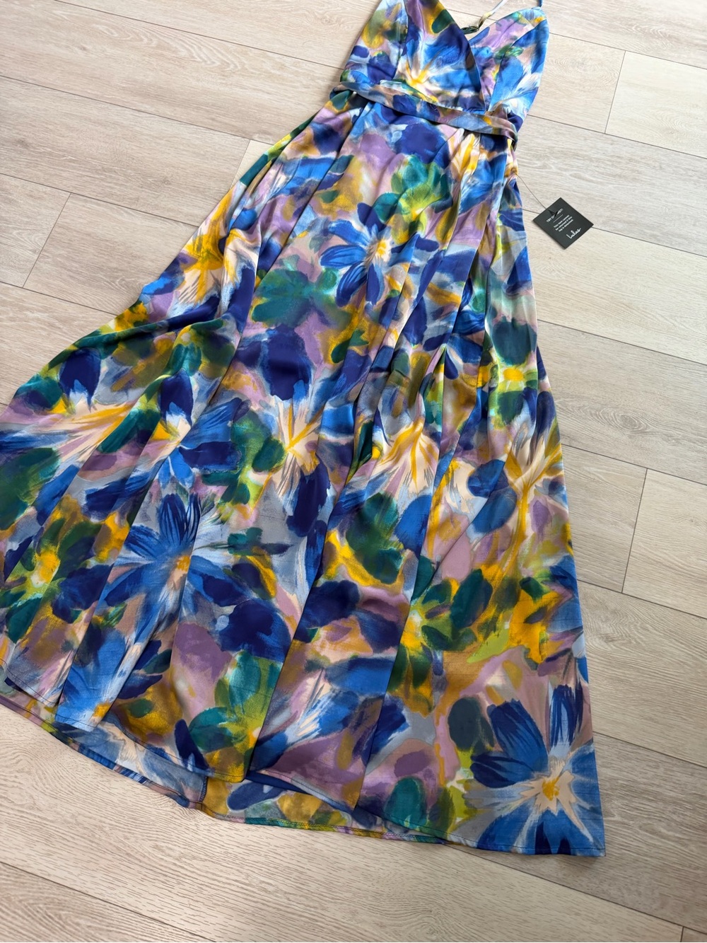 LuLus Still the One Blue Multi Floral Print Satin Maxi Dress women’s size small - Picture 6 of 10